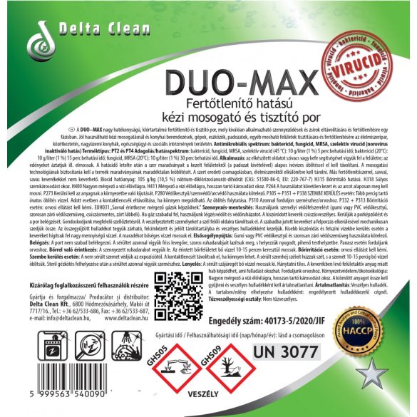 Duo-Max 20 kg - Fertőtlenítő hatású kézi mosogató és tisztítópor