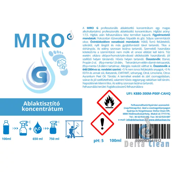 MIRO G 100 ml- Ablaktisztító koncentrátum (1 karton = 12 db) + 1 db keverőflakon